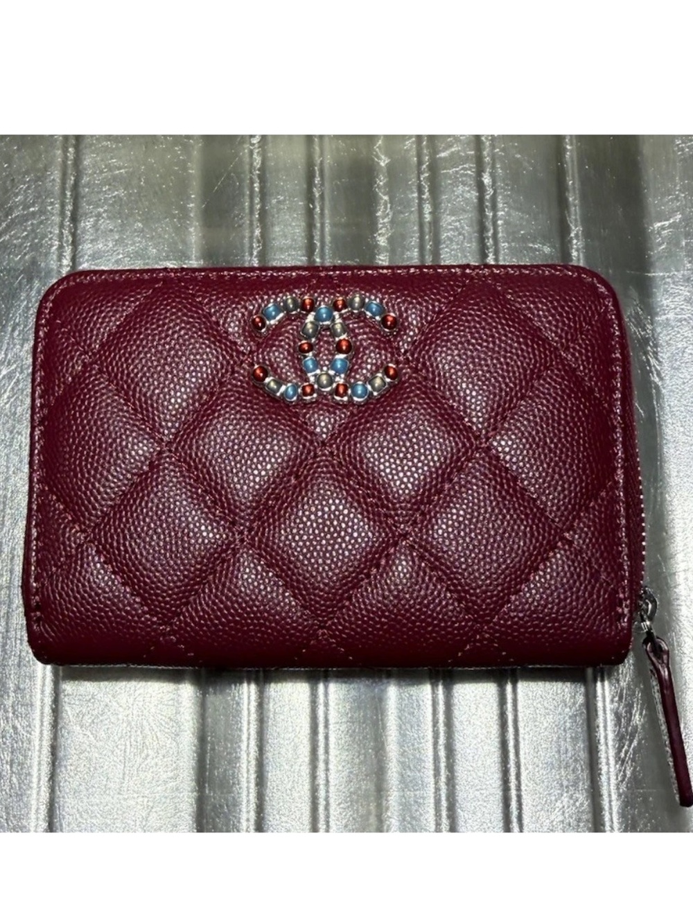 Chanel Caviar Quilted Crystal Burgundy Zip Card Holder Wallet